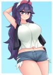  1girl absurdres ahoge aqua_background arm_behind_head black_vest blue_eyes blush breasts cosplay crop_top cropped_legs denim denim_shorts english_commentary hat hex_maniac_(pokemon) highres hilda_(pokemon) hilda_(pokemon)_(cosplay) large_breasts looking_at_viewer navel outside_border pokemon pokemon_(game) pokemon_bw pokemon_bw2 ponytail purple_eyes purple_hair shirt short_shorts shorts smile solo the_only_shoe thighs vest visor visor_cap wavy_mouth white_background white_headwear white_shirt 