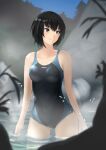  1girl absurdres amagami bangs black_hair black_swimsuit blue_swimsuit blurry blurry_foreground boulder breasts brown_eyes closed_mouth collarbone commentary competition_swimsuit foliage hair_between_eyes highres light_blush looking_away medium_breasts nanasaki_ai night one-piece_swimsuit onsen short_hair sky smile solo steam swimsuit thigh_gap twilight wading yoo_tenchi 