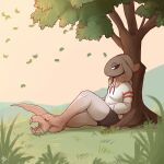  2022 absurd_res anthro bottomwear clothed clothing day detailed_background digital_media_(artwork) fully_clothed grass hi_res leaf light lighting louart marine outside plant reclining shaded shorts signature sitting solo tree 