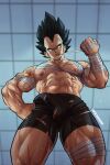  1boy abs absurdres artist_name bandaged_arm bandaged_hand bandaged_leg bandages bara black_hair black_shorts bulge commission dragon_ball dragon_ball_z erection erection_under_clothes highres large_pectorals looking_at_viewer lupin_barnabi male_focus muscular muscular_male navel nipples pectorals short_hair shorts solo spiked_hair thick_thighs thighs vegeta 