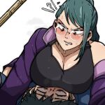  !? 1boy 1girl bangs black_hair black_tank_top blush breast_press breast_rest breast_smother breasts cleavage commentary derivative_work english_commentary face_to_breasts glasses green_hair hetero jacket jujutsu_kaisen large_breasts long_hair looking_at_another mark_gavatino off_shoulder okkotsu_yuuta open_clothes open_jacket ponytail purple_jacket short_hair sweat sweatdrop swept_bangs tank_top track_jacket v-shaped_eyebrows weapon zen&#039;in_maki 