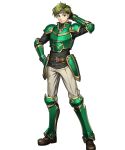  1boy arm_behind_head arm_up armor artist_request bangs boots closed_mouth elbow_pads fire_emblem fire_emblem:_the_blazing_blade fire_emblem_heroes full_body gauntlets gold_trim green_armor green_eyes green_hair hand_on_hip headband highres knee_boots long_sleeves looking_at_viewer male_focus non-web_source official_art pants sain_(fire_emblem) short_hair shoulder_armor smile standing transparent_background turtleneck 