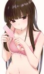  1girl :o bangs black_hair blunt_bangs blush bottomless bra breasts brown_eyes commentary_request hair_brush hatsuyuki_(kancolle) highres hime_cut kantai_collection long_hair no_panties parted_lips pink_bra sakieko simple_background small_breasts solo underwear underwear_only white_background 