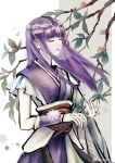  1girl absurdres asymmetrical_sleeves branch closed_eyes dress flower from_side hair_flower hair_ornament hair_rings highres holding holding_branch long_hair muqing_mq purple_hair qin_shi_ming_yue shao_siming_(qin_shi_ming_yue) solo upper_body veil 