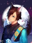  1boy animal_ears artist_name bangs black_kimono black_sclera black_shirt blue_eyes brown_hair closed_mouth colored_sclera commentary commission dated english_commentary fox_boy fox_ears fox_tail full_moon hair_over_one_eye japanese_clothes kimono kobutanori male_focus moon multiple_tails night night_sky obi original outdoors petals sash shirt sky smile solo star_(sky) starry_sky tail two_tails upper_body 