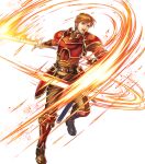  1boy arm_guards armor bangs boots brown_eyes brown_footwear brown_hair brown_pants fingerless_gloves fire_emblem fire_emblem:_the_blazing_blade fire_emblem_heroes full_body gloves gold_trim highres holding holding_sword holding_weapon kent_(fire_emblem) knee_boots long_sleeves looking_away male_focus non-web_source official_art open_mouth pants red_armor sheath shiny shiny_hair short_hair shoulder_armor slashing sword takaya_tomohide teeth transparent_background turtleneck weapon 