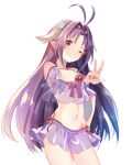  1girl ahoge bangs bare_shoulders bikini breasts eyebrows_visible_through_hair flower hair_flower hair_ornament hand_on_hip highres hozumi_rino long_hair navel official_alternate_costume one_eye_closed parted_bangs pointy_ears purple_hair red_eyes see-through small_breasts smile solo swimsuit sword_art_online sword_art_online:_memory_defrag teeth w yuuki_(sao) 