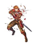  1boy arm_guards armor bangs boots broken_armor brown_eyes brown_footwear brown_hair brown_pants clenched_teeth fingerless_gloves fire_emblem fire_emblem:_the_blazing_blade fire_emblem_heroes full_body gloves gold_trim highres holding holding_sword holding_weapon kent_(fire_emblem) knee_boots long_sleeves male_focus non-web_source official_art pants parted_lips red_armor sheath shiny shiny_hair short_hair shoulder_armor solo sword takaya_tomohide teeth torn_clothes transparent_background turtleneck weapon 