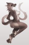  4_toes absurd_res anthro breasts butt dragon feet female fur furred_dragon hi_res looking_at_viewer looking_back looking_back_at_viewer nipples nude pawpads paws retros sharp_teeth simple_background smile soles solo teeth toes white_background 