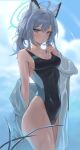  1girl absurdres ahoge animal_ear_fluff animal_ears bangs bare_shoulders blue_archive blurry blurry_background blush breasts breasts_apart closed_mouth cloud collarbone competition_swimsuit cowboy_shot cross_hair_ornament grey_eyes grey_hair groin hair_ornament hair_twirling halo hand_up highres jacket long_hair long_sleeves official_art one-piece_swimsuit one_eye_closed shiroko_(blue_archive) small_breasts solo standing swimsuit wet white_jacket zutsuyaku 