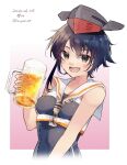  1girl alcohol asymmetrical_hair beer beer_mug black_hair black_swimsuit breast_cutout brown_eyes brown_neckerchief commentary_request cup framed_breasts hair_between_eyes headphones holding i-14_(kancolle) kantai_collection looking_at_viewer mug neckerchief one-hour_drawing_challenge school_swimsuit short_hair solo swimsuit u_yuz_xx upper_body 
