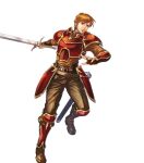  1boy arm_guards armor bangs boots brown_eyes brown_footwear brown_hair brown_pants fingerless_gloves fire_emblem fire_emblem:_the_blazing_blade fire_emblem_heroes full_body gloves gold_trim highres holding holding_sword holding_weapon kent_(fire_emblem) knee_boots long_sleeves looking_away male_focus non-web_source official_art pants parted_lips red_armor sheath shiny shiny_hair short_hair shoulder_armor sword takaya_tomohide transparent_background turtleneck weapon 