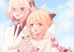  1boy 1girl astolfo_(fate) blonde_hair bouquet braid breasts bridal_veil cleavage crossdressing dress falling_petals fate_(series) flower formal highres koyashaka liss_meier_(koyashaka) long_hair looking_to_the_side multicolored_hair original petals pink_hair suit tuxedo veil wedding wedding_dress white_hair white_suit yellow_eyes 