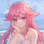  1girl animal_ears bangs bird blue_sky blush collarbone dress flower fox_ears genshin_impact hair_between_eyes hair_ornament lixiang_guo_alice long_hair looking_at_viewer ocean pink_hair purple_eyes purple_flower sky solo sundress white_dress yae_miko 