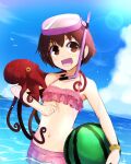  13-gou 1girl bird character_request cloud collarbone food fruit jewelry looking_at_viewer navel octopus open_mouth seagull short_hair smile solo swimsuit watermelon 