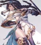  1girl asymmetrical_clothes black_hair boots braid braided_ponytail breasts brown_eyes commission gauntlets granblue_fantasy hair_ornament impossible_clothes ivris long_hair lying on_back shura_(granblue_fantasy) skeb_commission thighhighs thighs torn_clothes weapon 