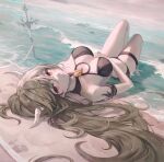  1girl arknights bangs bare_shoulders blonde_hair blush breasts brown_eyes cleavage eyebrows_visible_through_hair hair_between_eyes highres horns ikkia large_breasts long_hair looking_at_viewer lying on_back partially_submerged pointy_ears red_eyes shining_(arknights) solo swimsuit thighs very_long_hair 