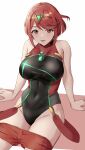  1girl absurdres bangs black_swimsuit breasts chest_jewel competition_swimsuit covered_collarbone covered_navel gem headpiece highres large_breasts one-piece_swimsuit pyra_(pro_swimmer)_(xenoblade) pyra_(xenoblade) red_eyes red_hair red_shorts red_swimsuit ribbed_swimsuit short_hair short_shorts shorts solo strapless strapless_swimsuit striped striped_swimsuit swept_bangs swimsuit thrananaart tiara two-tone_swimsuit vertical-striped_swimsuit vertical_stripes xenoblade_chronicles_(series) xenoblade_chronicles_2 