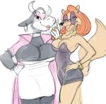  2020 anthro beauty_mark big_breasts black_body black_fur black_nose bovid bovine breasts cattle clarabelle_cow cleavage clothed clothing colored colored_sketch cougar counting_cougar dbaru digital_drawing_(artwork) digital_media_(artwork) disney disney_comics dress duo ear_piercing ear_ring eyebrows eyelashes eyeshadow eyewear felid feline female fur glasses hi_res horn lipstick looking_at_viewer makeup mammal mascara mature_female monotone_background nickelodeon piercing simple_background sketch t.u.f.f._puppy tan_body tan_fur white_background 