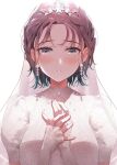  1girl :o absurdres asakura_toru blush braid bridal_gauntlets bridal_veil bride dress forehead highres idolmaster idolmaster_shiny_colors light_purple_hair looking_at_viewer own_hands_together puni_(punycolors) short_hair simple_background solo tiara upper_body veil wedding_dress white_dress 