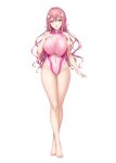  1girl absurdres bare_shoulders barefoot blue_eyes breasts commentary_request covered_navel crossed_legs eyebrows_visible_through_hair feet hand_on_own_chest highres large_breasts long_hair looking_at_viewer one-piece_swimsuit original pink_hair pink_swimsuit satou_kuuki sidelocks simple_background solo swimsuit tachi-e thick_thighs thighs toes very_long_hair wavy_hair white_background 