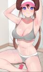  1girl areola_slip arm_behind_head armpits arms_up bangs blue_eyes bra breasts brown_hair condom double_bun gatchan grey_bra grey_panties hair_bun highres large_breasts looking_at_viewer mole mole_on_breast navel panties partially_visible_vulva pokemon pokemon_(game) pokemon_bw2 rosa_(pokemon) sitting solo stomach sweat thighs twintails underwear visor_cap wooden_floor 
