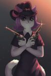  2022 anthro black_clothing black_dress bow_accessory clothed clothing cowboy_hat domestic_cat dress felid feline felis female fur gun hair handgun hat headgear headwear holding_object holding_weapon kruthleb looking_at_viewer mammal masyunya purple_body purple_eyes purple_fur purple_hair purple_tail ranged_weapon revolver simple_background smile solo vkontakte weapon white_body white_fur 