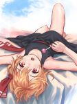  1girl :o bangs bare_arms bare_legs bare_shoulders barefoot blonde_hair candy collarbone commentary eyebrows_visible_through_hair food hair_between_eyes hair_ribbon highres knee_up lollipop looking_at_viewer lying on_back open_mouth red_eyes red_ribbon ribbon roke_(taikodon) rumia short_hair solo touhou upside-down 