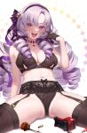  1girl bangs bare_shoulders black_gloves blush bra breasts cleavage collarbone drill_hair eyebrows_visible_through_hair garter_straps gloves hair_ribbon highres hyakumantenbara_salome large_breasts leaf98k light_purple_hair lingerie long_hair looking_at_viewer midriff navel nijisanji open_mouth panties parted_bangs purple_eyes ribbon smile solo thick_thighs thighs underwear underwear_only virtual_youtuber white_background 
