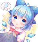  1girl 1other ahoge bangs blue_bow blue_dress blue_eyes blue_hair bow bowtie cirno collared_shirt commentary_request dress eyebrows_visible_through_hair fingernails food hair_between_eyes hands_up ice ice_cream ice_wings long_fingernails pjrmhm_coa puffy_short_sleeves puffy_sleeves red_bow red_bowtie shirt short_hair short_sleeves speech_bubble star_(symbol) touhou white_background white_shirt wings yellow_background 