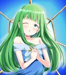  1girl andrew_(duel_angel) ankh bangs bare_shoulders blue_dress blush breasts commentary dian_keto_the_cure_maiden dress duel_monster eyebrows_visible_through_hair eyes_visible_through_hair flat_chest green_eyes green_hair highres long_hair looking_at_viewer one_eye_closed open_mouth own_hands_together praying yu-gi-oh! yu-gi-oh!_go_rush!! yu-gi-oh!_rush_duel 