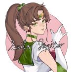  1girl \m/ bishoujo_senshi_sailor_moon brown_hair character_name choker earrings elbow_gloves from_behind gloves green_choker green_eyes hair_behind_ear jewelry kino_makoto looking_at_viewer magical_girl open_mouth ponytail sailor_collar sailor_jupiter sailor_senshi_uniform solo vivi_(skuskuma_) white_gloves 