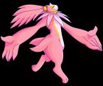  anthro bandai_namco black_background cherubimon cherubimon_(good) digimon digimon_(species) digitigrade eyes_closed fluffy frill_(anatomy) one-starry-knight pink_body simple_background smile solo winged_ears 