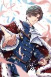  1boy :d artem_wing_(tears_of_themis) artist_name blue_eyes blue_jacket brown_hair cape confetti grin haru_miteinatsu highres holding holding_sword holding_weapon jacket long_sleeves looking_at_viewer military military_jacket military_uniform red_cape saber_(weapon) sheath sheathed short_hair smile solo sword tears_of_themis uniform upper_body weapon white_background 
