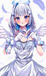  1girl amane_kanata angel_wings apron armband bandaged_arm bandages blue_hair blush braid colored_inner_hair eyebrows_visible_through_hair feathers flat_chest french_braid gloves grey_hair hair_ornament hairclip hat heart heart-shaped_pupils heart_hands highres hololive id_card moonbell multicolored_hair nurse_cap open_mouth purple_eyes solo symbol-shaped_pupils virtual_youtuber wings 