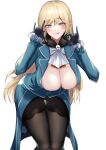  1girl :d absurdres ascot ass_visible_through_thighs atago_(kancolle) black_gloves black_skirt blonde_hair blush breasts cleavage eyebrows_visible_through_hair fur_collar gloves green_eyes hair_between_eyes highres kantai_collection large_breasts long_hair long_sleeves military military_uniform no_hat no_headwear open_clothes open_shirt pantyhose sack sing152 skirt smile tailcoat uniform 