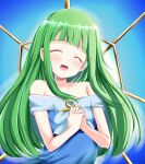  1girl andrew_(duel_angel) ankh bangs bare_shoulders blue_dress blush breasts closed_eyes commentary dian_keto_the_cure_maiden dress duel_monster eyebrows_visible_through_hair eyes_visible_through_hair flat_chest green_eyes green_hair highres long_hair looking_at_viewer open_mouth own_hands_together praying smile yu-gi-oh! yu-gi-oh!_go_rush!! yu-gi-oh!_rush_duel 