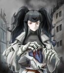  1girl bangs black_hair building closed_mouth dated_commentary english_commentary eyebrows_visible_through_hair girls&#039;_frontline grey_eyes hair_ornament hairclip haonfest highres jacket lips long_hair looking_down machine mechanical_arms nyto_(generic)_(girls&#039;_frontline) nyto_(girls&#039;_frontline) nyto_argentus_(girls&#039;_frontline)_(haonfest) open_clothes open_jacket original paradeus solo turtleneck twintails upper_body white_jacket 