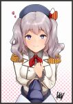  1boy 1girl admiral_(kancolle) bangs beret blue_eyes blue_necktie breasts clenched_hand closed_mouth collared_shirt epaulettes eyebrows_visible_through_hair grey_hair grey_shirt hat heart heart-shaped_pupils jacket kantai_collection kashima_(kancolle) large_breasts long_hair looking_up military_jacket neckerchief necktie necktie_grab neckwear_grab pov red_neckerchief shirt signature simple_background skirt symbol-shaped_pupils tadokoro_nurikabe twintails white_jacket 