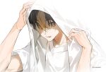  1boy blonde_hair brown_hair haikyuu!! holding holding_towel looking_at_viewer male_focus multicolored_hair nishinoya_yuu orange_hair shirt short_hair short_sleeves simple_background streaked_hair towel towel_on_head wet white_background white_shirt xiaojiaju 