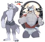  2022 abs anthro barefoot belt big_forearms big_pecs black_clothing blue_eyes blue_hotpants blue_sclera bottomwear bulge canid canine canis claws clothing command dialogue digital_media_(artwork) english_text facial_markings fangs feet forearms full_moon fur grey_body grey_fur hair hand_behind_head head_markings hi_res hotpants imminent_sex jrjresq looking_at_viewer male mammal markings moon multicolored_body muscular muscular_anthro muscular_male muscular_thighs muzzle_(marking) naughty_face navel night pecs red_clothing red_shirt red_topwear shirt shorts simple_background smile snout snout_markings solo text topwear torn_clothing two_tone_body unbuckled_belt underwear undressing were werecanid werecanine werewolf white_background white_briefs white_clothing white_hair white_underwear wolf 