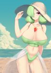  1girl :&gt; absurdres arm_behind_back bangs bare_shoulders beach bikini bikini_skirt blue_background blue_sky blush bob_cut breasts cameltoe closed_mouth cloud collarbone cowboy_shot day gardevoir gem green_bikini green_hair haembokeyo hair_over_one_eye half-closed_eyes hand_up happy hat highres horizon huge_breasts humanization jewelry light_blush looking_at_viewer navel necklace ocean one_eye_covered outdoors pokemon purple_eyes red_gemstone sand see-through short_hair shy skindentation sky smile solo spaghetti_strap standing stomach sun_hat swimsuit water white_headwear 