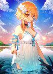  1girl bare_legs bare_shoulders blonde_hair blush breasts bug chiroron collar dress dress_shirt firefly flower genshin_impact hair_between_eyes hair_flower hair_ornament highres jewelry large_breasts lumine_(genshin_impact) pulled_by_self pulling river shirt short_hair sunset water wet wet_clothes wet_dress white_dress yellow_eyes 