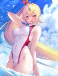  1girl armpits bangs bare_shoulders blonde_hair blush breasts competition_swimsuit hair_ornament hair_ribbon heterochromia highleg highleg_swimsuit highres hoshikawa_sara large_breasts long_hair looking_at_viewer nijisanji one-piece_swimsuit open_mouth red_eyes ribbon side_ponytail smile solo swimsuit virtual_youtuber x_hair_ornament yellow_eyes yoshiheihe 