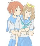  2girls bangs blonde_hair blue_neckerchief blue_sailor_collar blue_skirt blush brown_hair closed_mouth curryisfriend embarrassed green_eyes hair_ribbon hand_up hibike!_euphonium hug hug_from_behind kitauji_high_school_uniform long_hair looking_at_another multiple_girls nakagawa_natsuki neckerchief pleated_skirt ponytail purple_eyes ribbon sailor_collar school_uniform serafuku shirt short_sleeves simple_background skirt smile standing white_background white_shirt yellow_ribbon yoshikawa_yuuko 