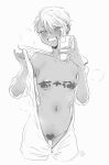  1girl bangs blush breasts butakun censored censored_nipples clothes_pull collarbone cowboy_shot cropped_legs dark-skinned_female dark_skin greyscale grin gyaru heart heart_censor holding holding_phone looking_at_viewer messy_hair monochrome navel_piercing onesie open_clothes original phone piercing pussy pussy_juice selfie short_hair signature simple_background single_bare_shoulder small_breasts smile solo swept_bangs text_censor very_short_hair white_background 