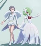  2girls arm_up bangs bare_shoulders blue_background blue_eyes blush bob_cut brown_hair choker closed_mouth coat collarbone colored_skin commentary_request diantha_(pokemon) dress elbow_gloves expressionless flat_chest full_body gardevoir gloves green_hair hair_over_one_eye happy highres itsudzumi jewelry jumpsuit light_blush long_sleeves looking_at_viewer multiple_girls necklace open_clothes open_coat outstretched_arm pokemon pokemon_(creature) pokemon_(game) pokemon_xy red_eyes shiny shiny_hair shoes short_hair short_jumpsuit simple_background smile split_mouth standing strapless strapless_dress white_choker white_coat white_dress white_footwear white_gloves white_jumpsuit white_skin 