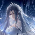  1girl black_hair dress earrings expressionless facial_mark forehead_mark from_side hair_ornament highres jewelry long_hair looking_back lu_xueqi_(zhu_xian) solo upper_body veil white_dress yun_li_zi_nian zhu_xian 