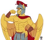  abs anthro armor blue_eyes bracelet cape clothing equid equine flash_magnus_(mlp) flexing flexing_bicep friendship_is_magic hasbro headgear helmet jewelry kilt male mammal muscular muscular_anthro muscular_male my_little_pony pegasus redxbacon simple_background smile white_background wings 