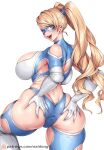  1girl ass ass_grab blonde_hair blue_eyes breasts domino_mask drill_hair earrings from_behind gloves highres jewelry large_breasts leotard long_hair mask naidong_(artist) open_mouth patreon_username rainbow_mika solo street_fighter street_fighter_v street_fighter_zero_(series) stud_earrings twin_drills twintails watermark white_gloves 
